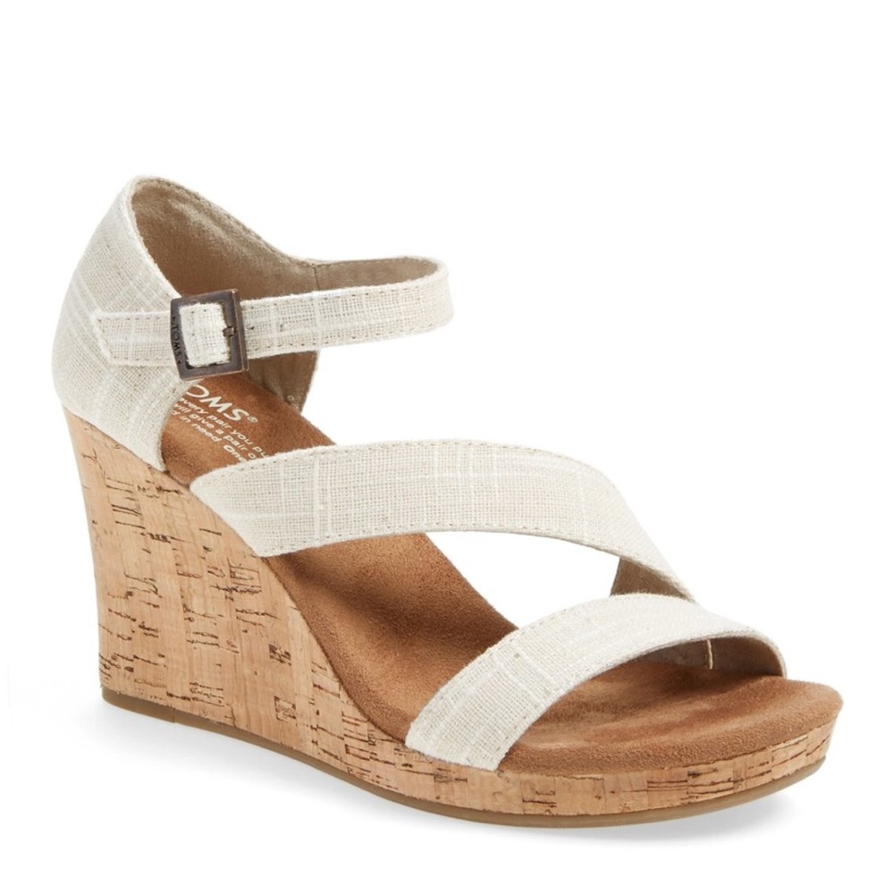 Toms White Linen Cork Wedge Sandals